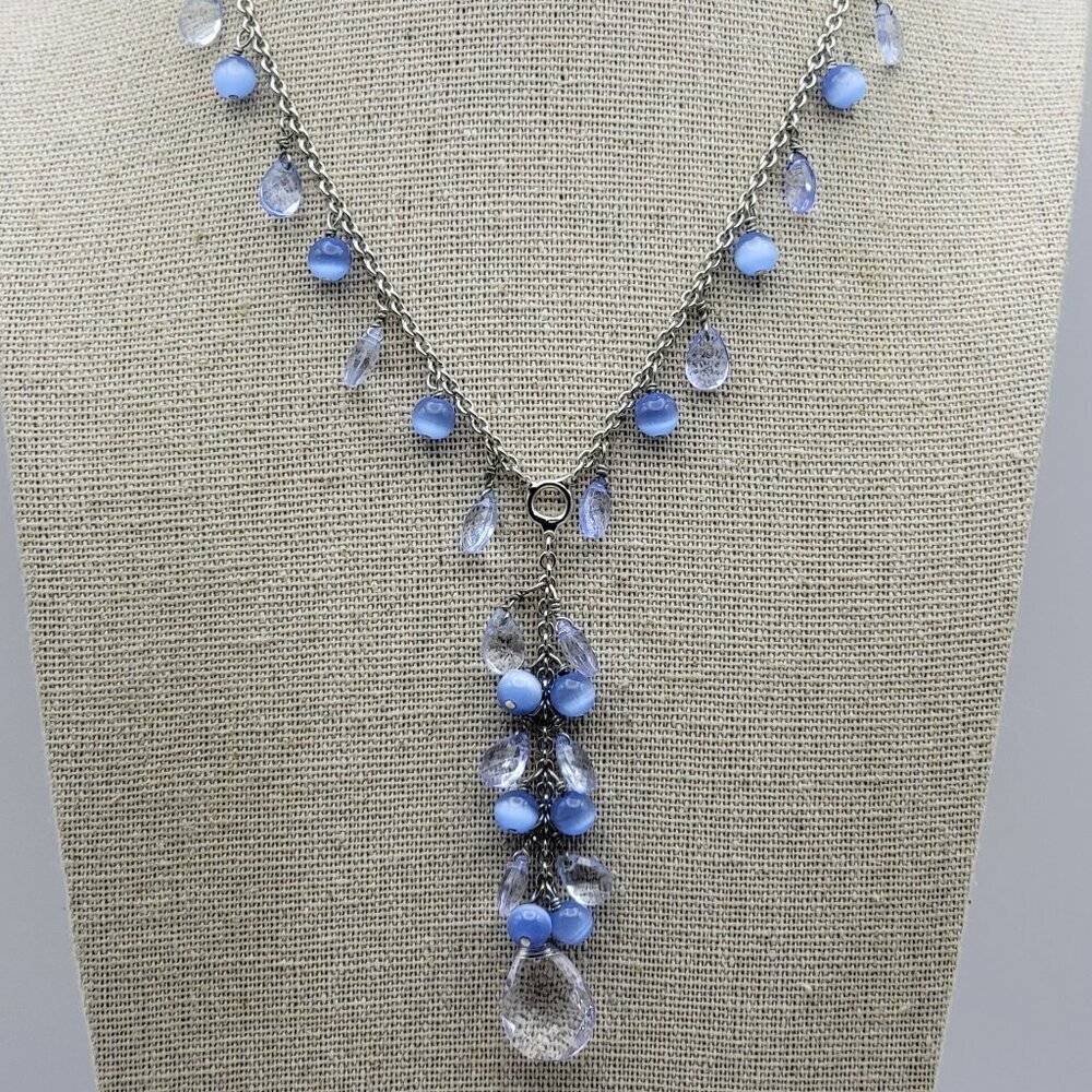 Cookie Lee Silver Tone Blue Moonstone Dangle Charm Y-Drop Necklace 17 Inch